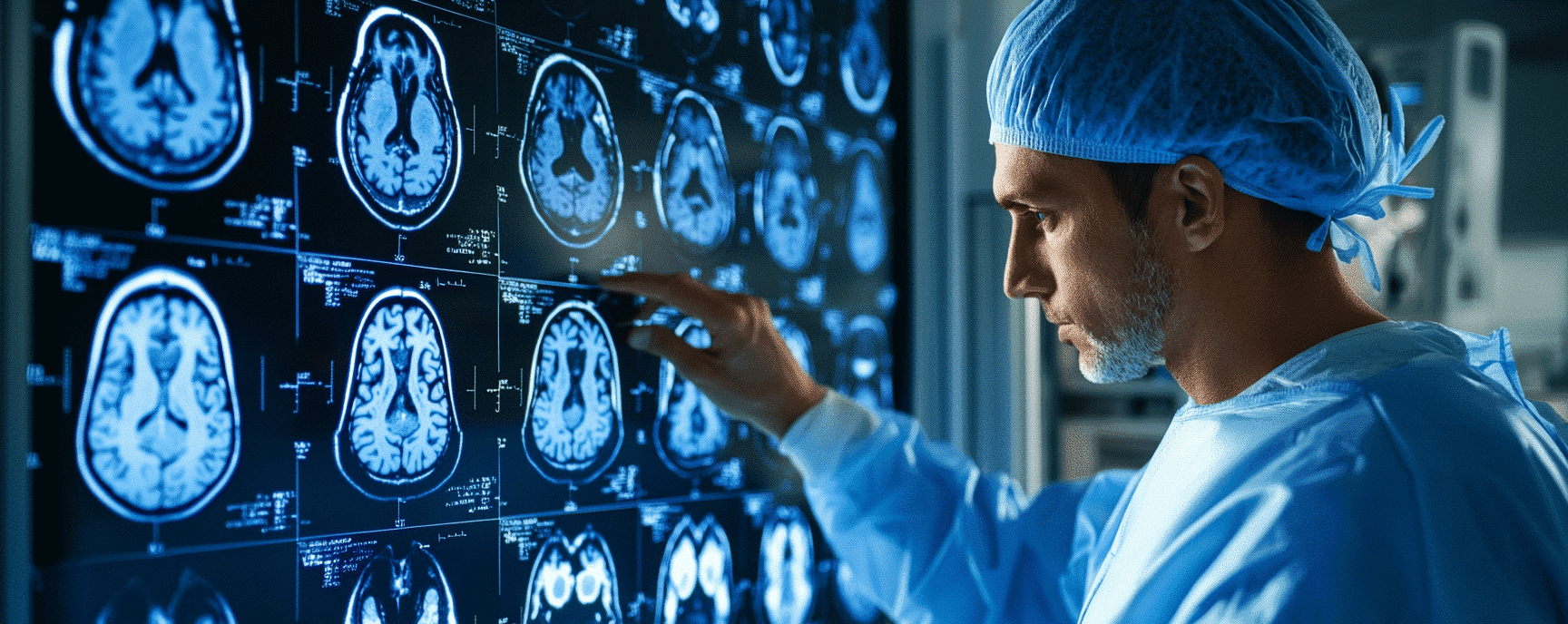 A brain surgeon examining the x-ray of a human head