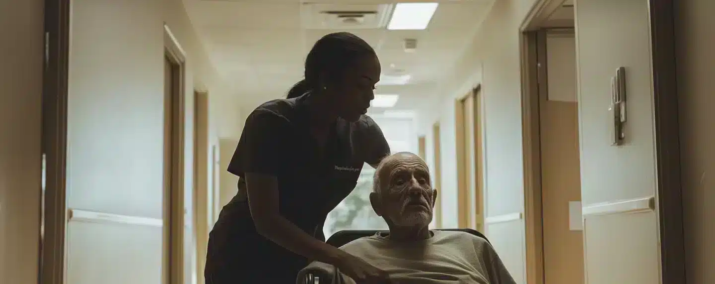 An old man helped by a nurse