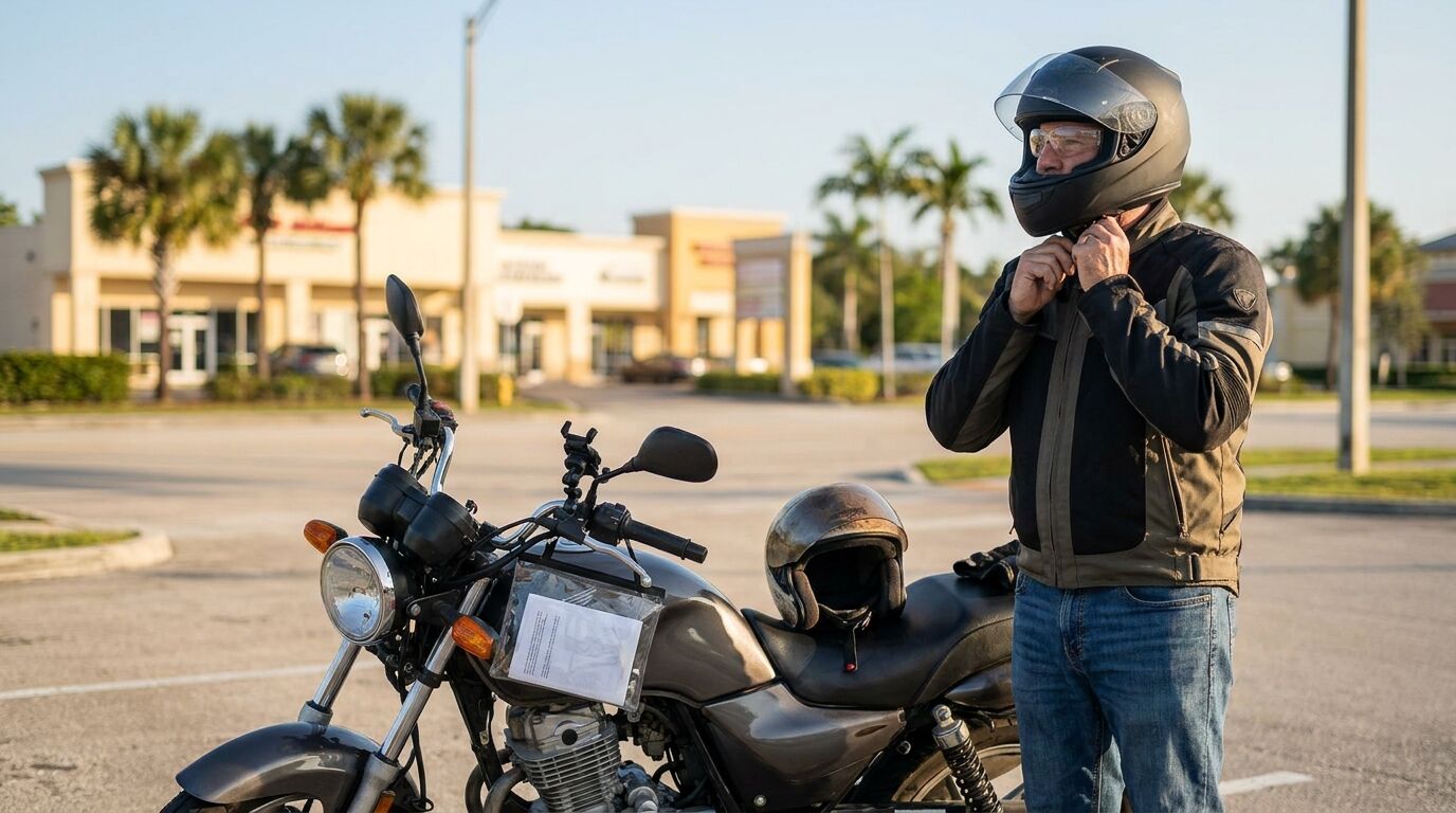 Florida motorcyclist fastening a helmet before riding to comply with state safety laws