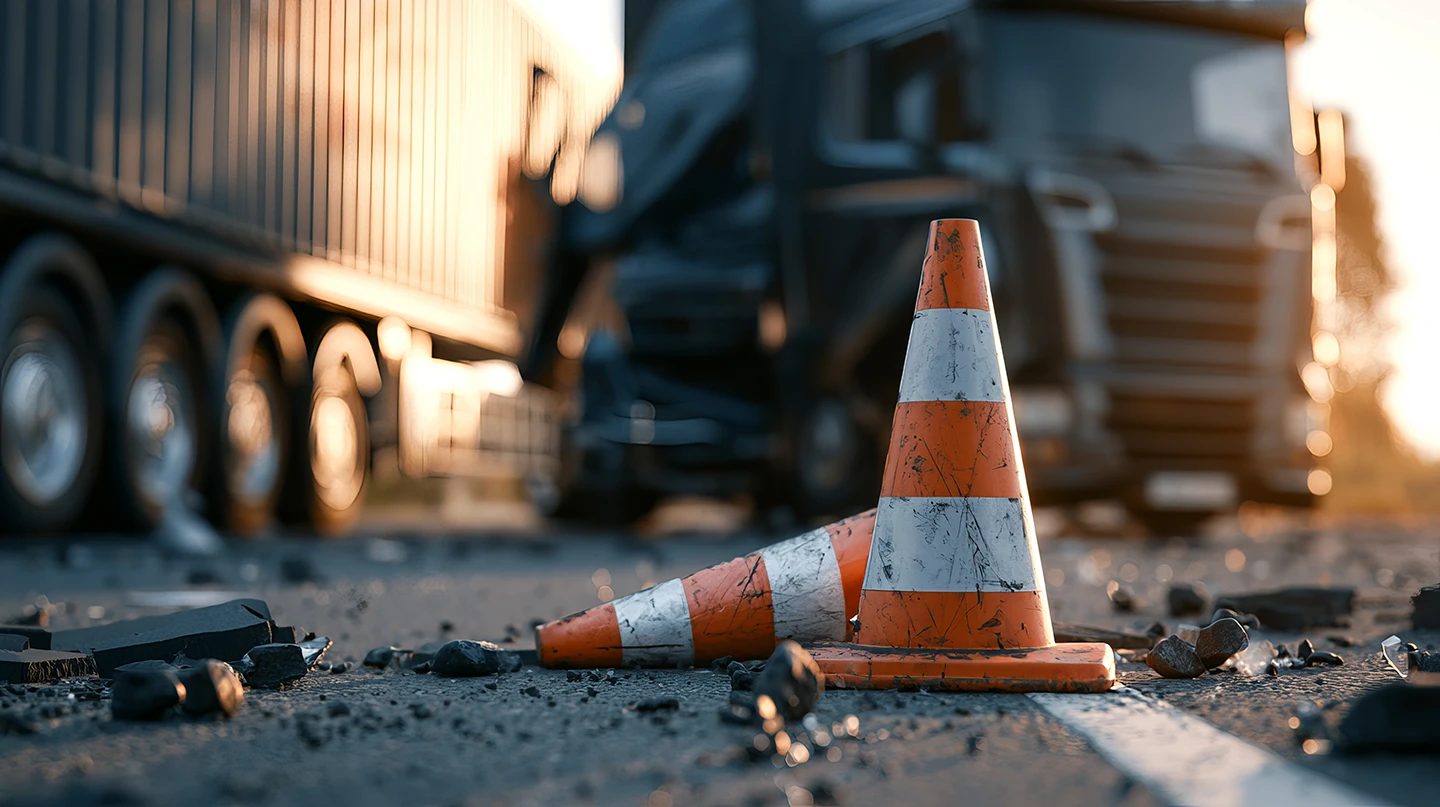Truck accident with a traffic cone blocking off the accident