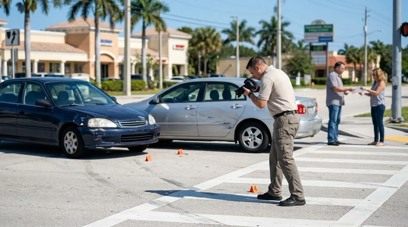 Accident investigator documenting vehicle damage and roadway evidence after a disputed Florida intersection crash