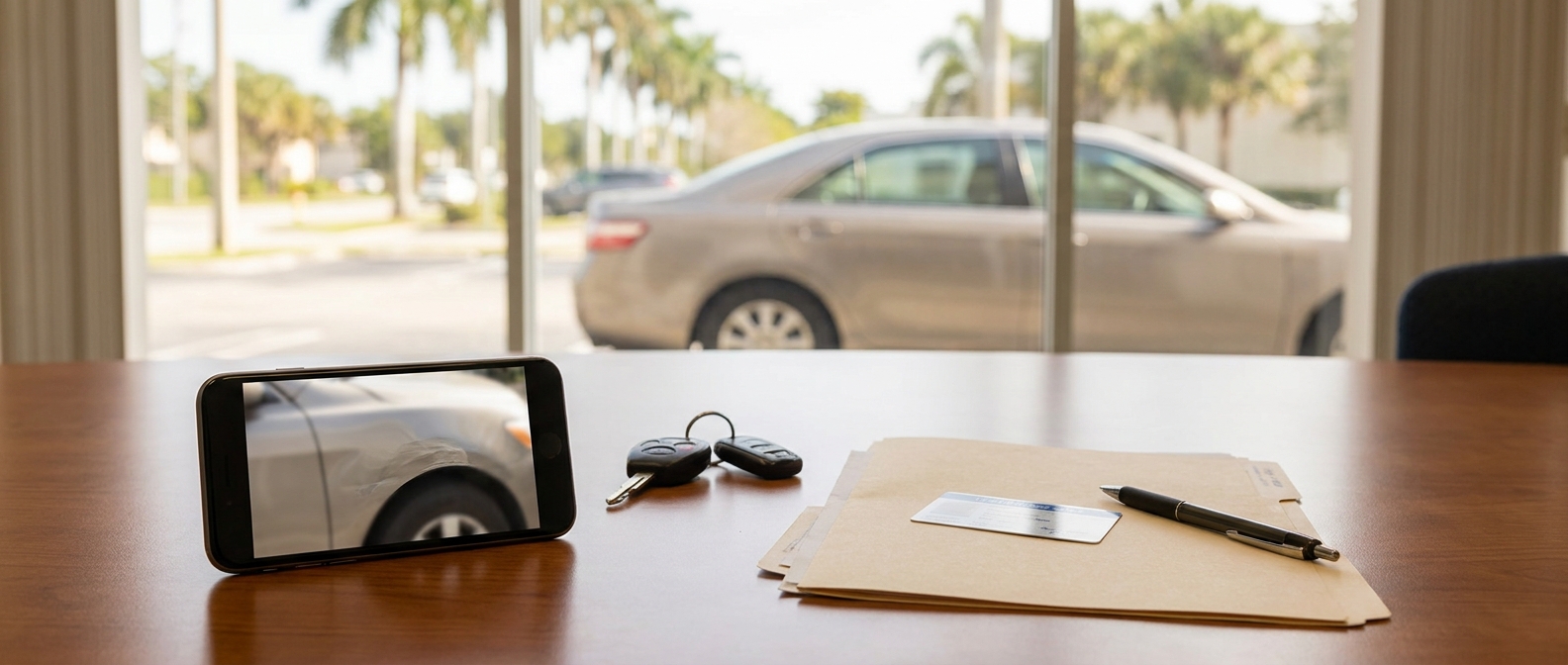 Car accident evidence photo on a smartphone with keys and paperwork for a Florida injury claim deadline