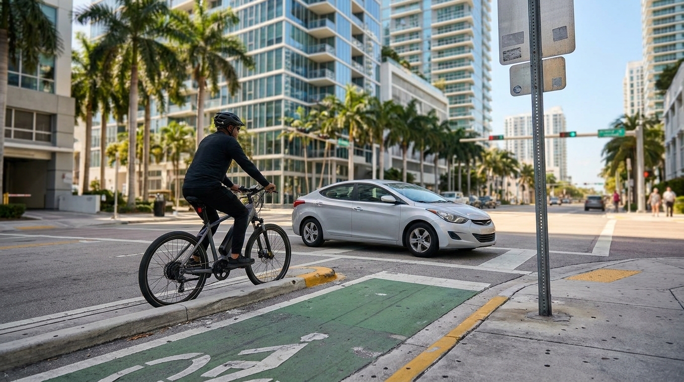 E-bike rider near a Miami-Dade bike lane and intersection after a near-miss with a car