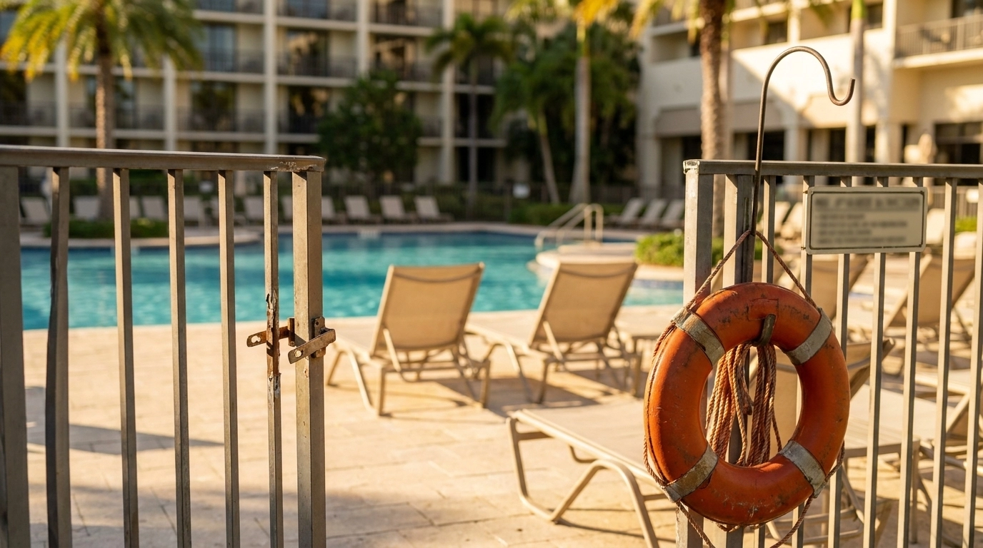 Broken hotel pool gate and safety equipment at a Florida resort pool showing drowning liability risk