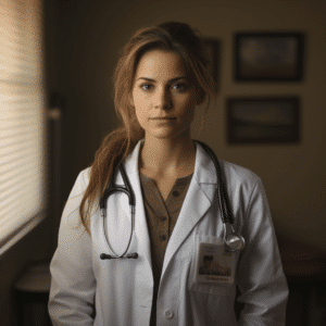 Mujer médico de pie en su oficina