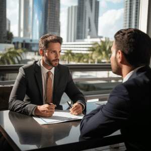 Miami lawyer talking to client