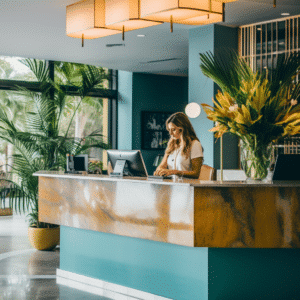 Woman working front desk of Miami hotel