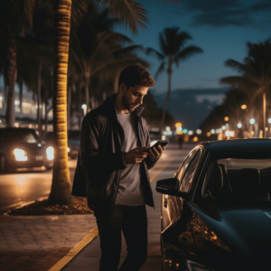 Man on cellphone standing on Miami road