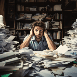 Man overwhelmed with paperwork on desk