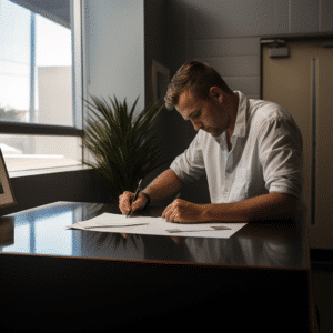 Man signing paperwork on a hospital table