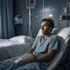 man sitting in hospital bed