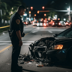 Police officer looking at car crash in Miami