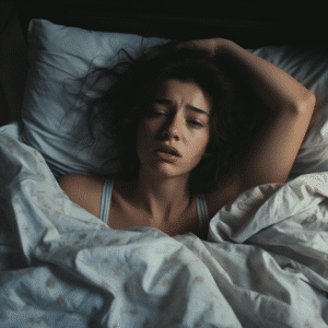 Young woman crying in bed