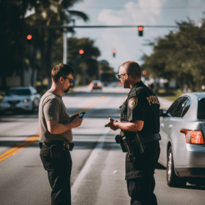 Police officer talking to man on a Miami road