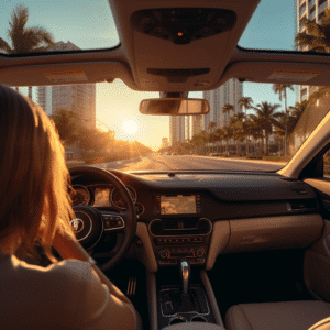 Woman driving car down road in Miami