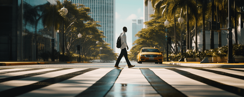Man walking across road in Miami