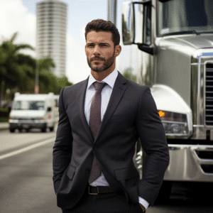 Miami truck accident lawyer standing in front of a semi truck