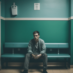Young man sitting at hospital bench