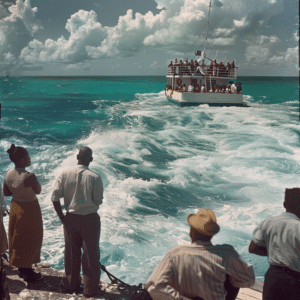 People anxiously observing a vessel packed with passengers navigating rough seas