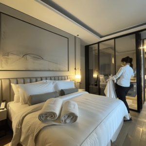 A hotel attendant making the bed with fresh linens and cleaning the room for the next guest.