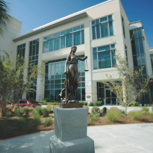 The statue of Lady Justice, a symbol of law and order, outside a court.