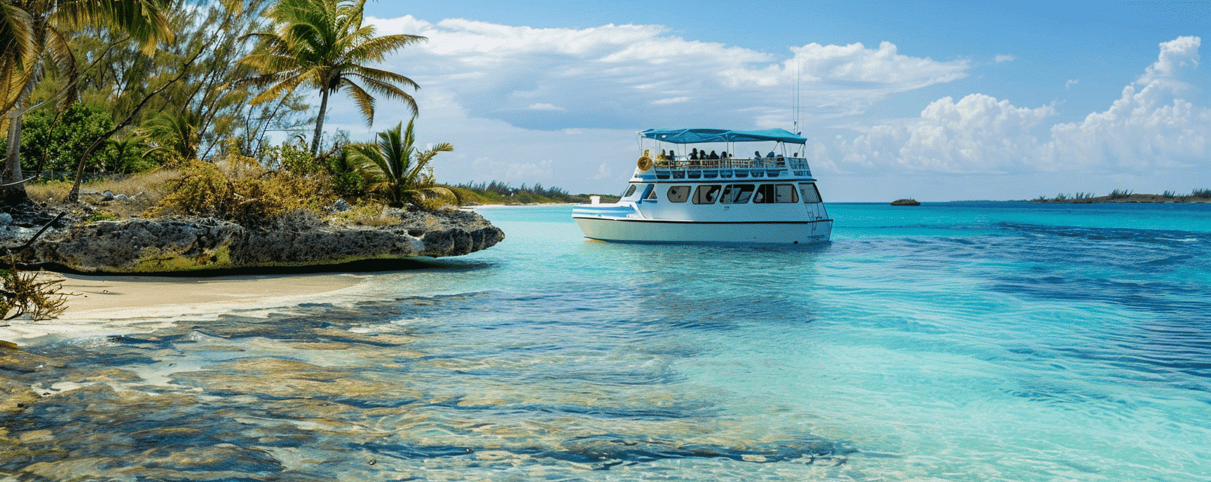 Happy tourists enjoying a boat trip in the Bahamas
