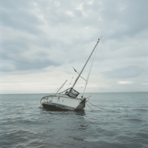 A precariously balanced half-sunk boat in the sea