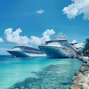 Cruise liners docked in the Bahamas, awaiting clearance