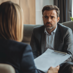 A man anxiously consulting about Legal Proceedings in his Sexual Assault Case