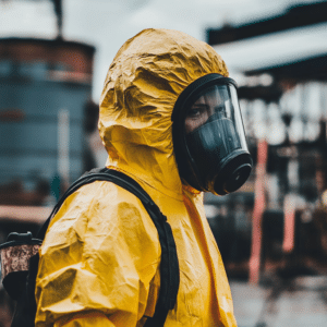 Worker in hazmat gear at a site