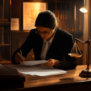 lawyer in her office, preparing papers to file a Lawsuit