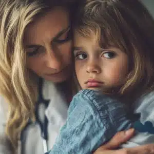 A doctor consoling a child.