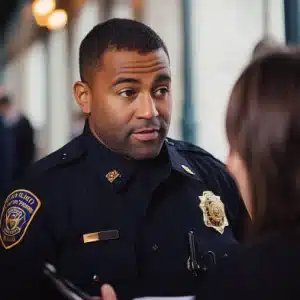 A police officer talking with a lawyer