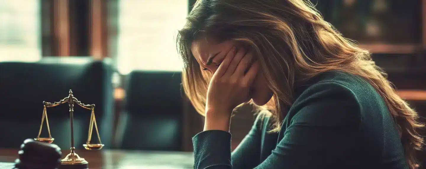 A woman crying in a law office
