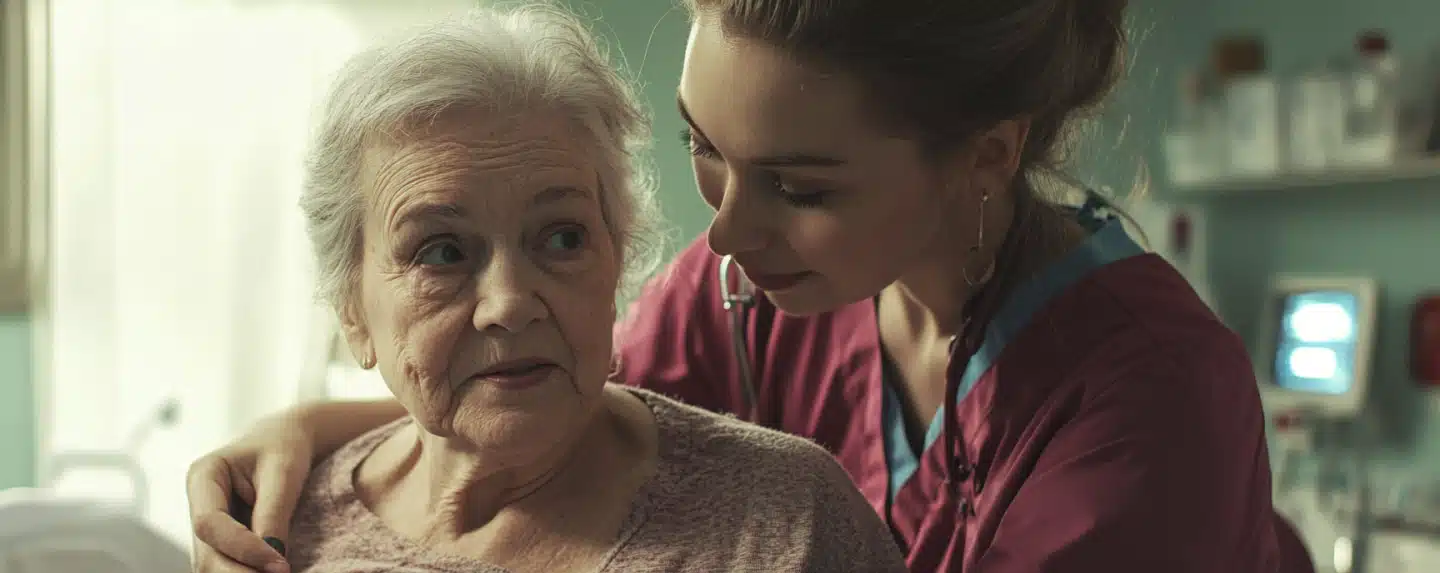 An elderly woman helped by a nurse