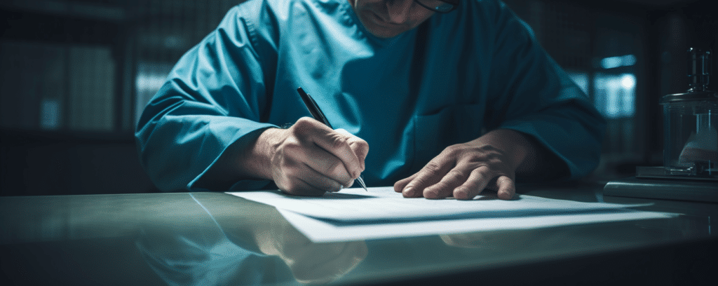 doctor at table signing papers