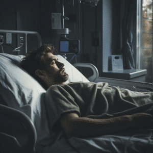 man lying in hospital bed