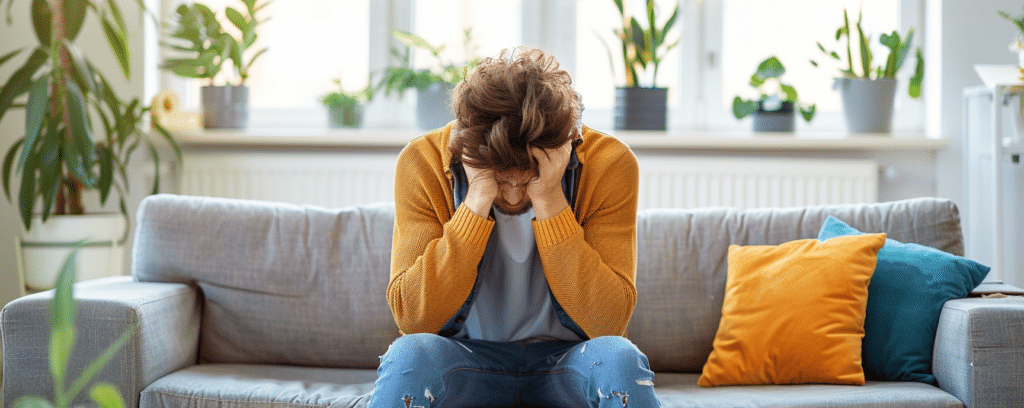 man sad on couch