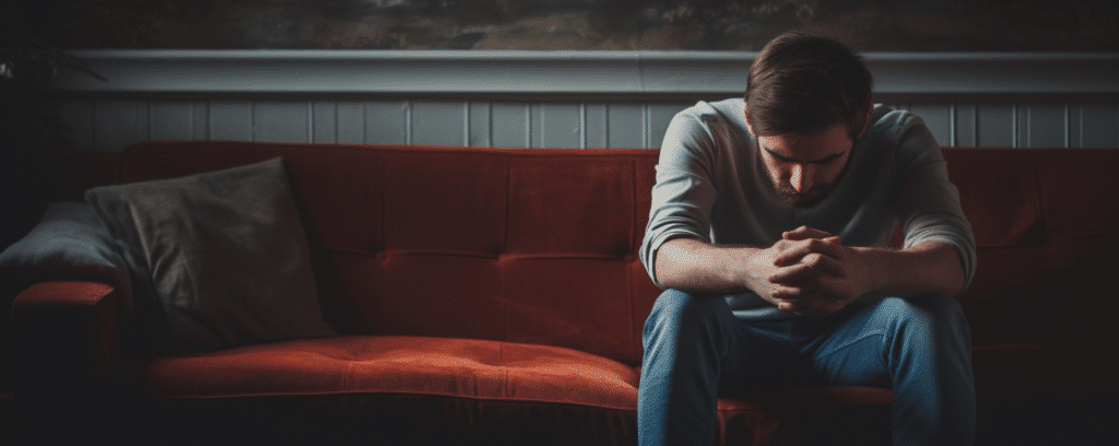 man sitting on couch upset