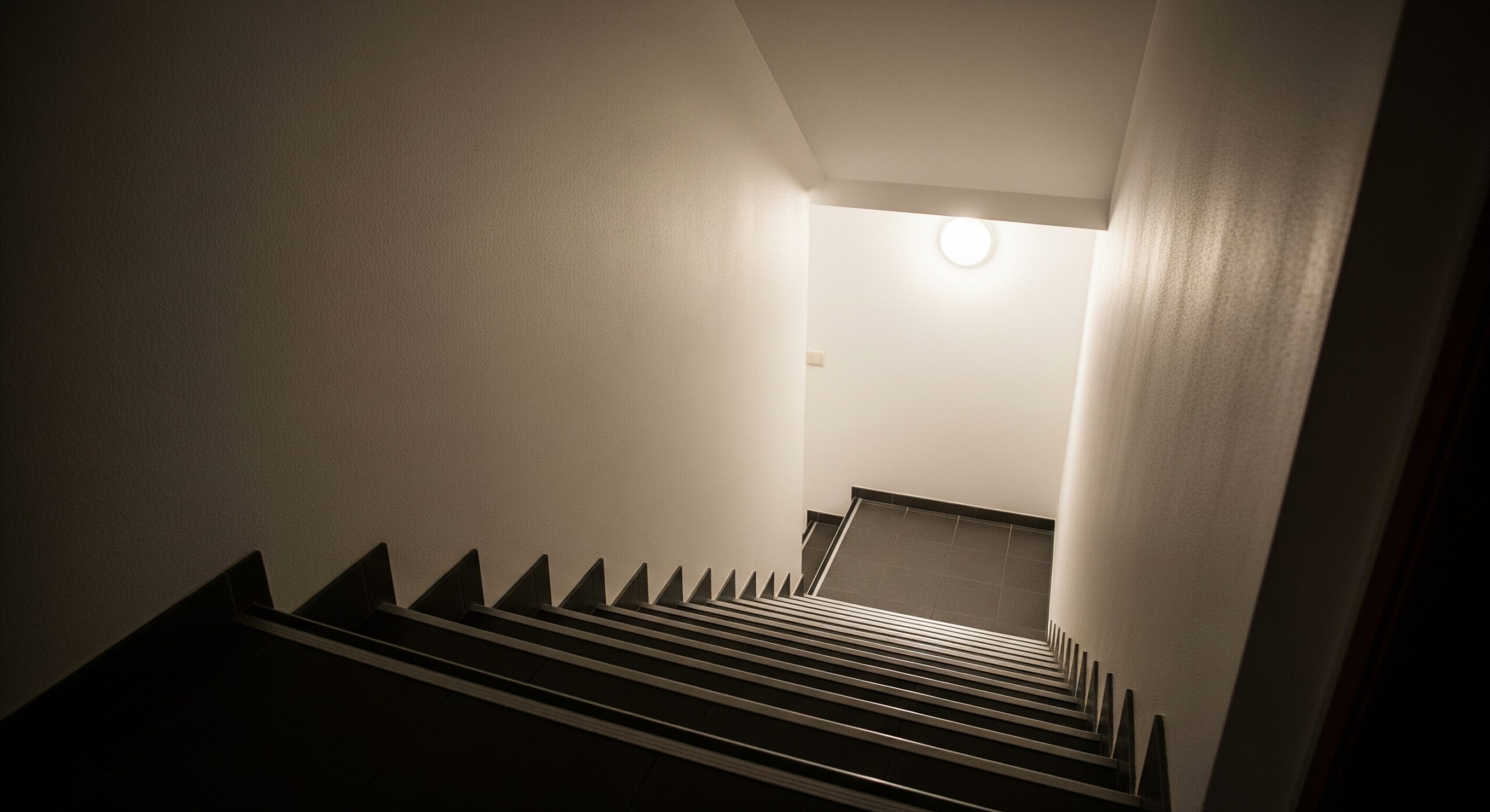 Staircase leading down in a dimly lit interior, emphasizing safety concerns related to short-term rental properties like Airbnb and VRBO.