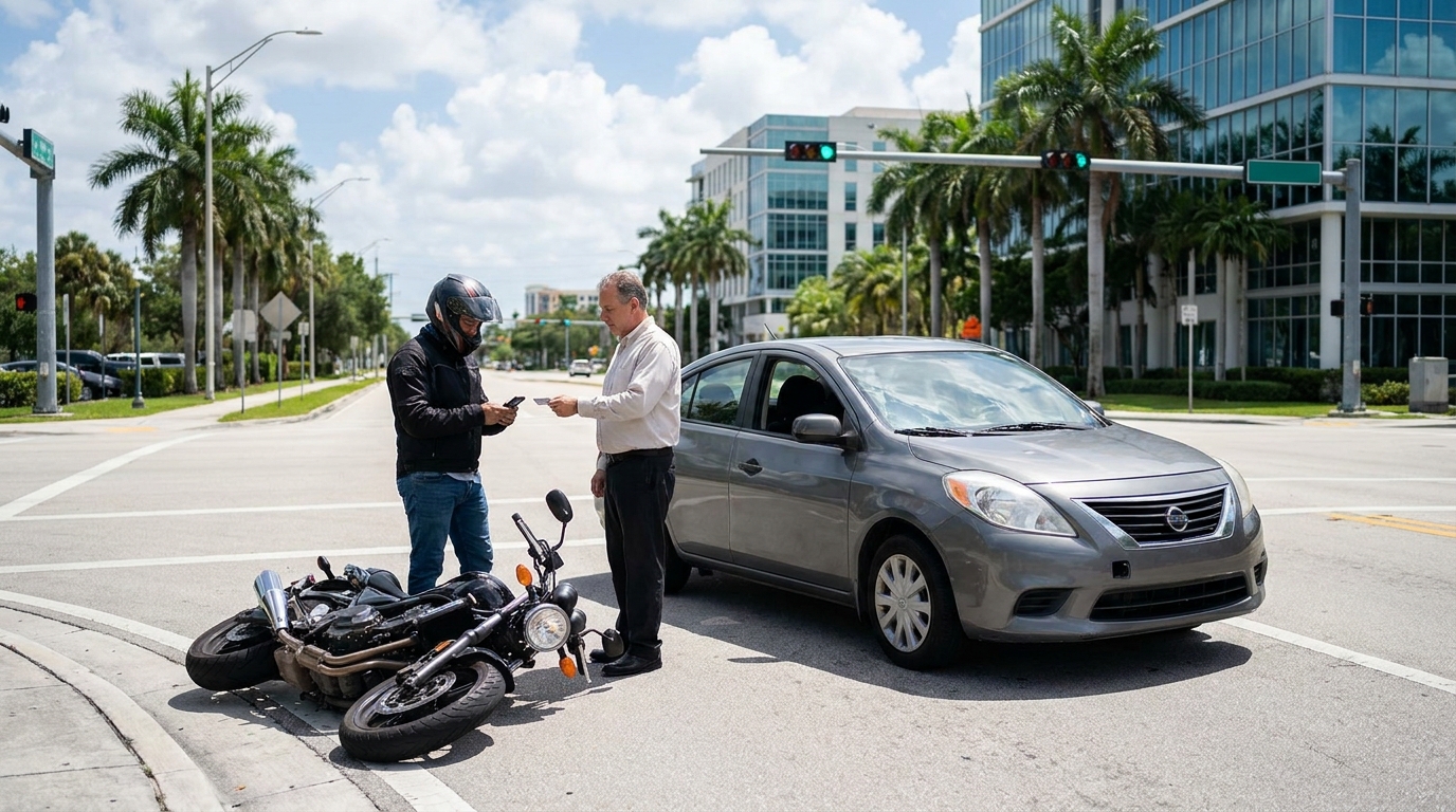 Motorcycle and sedan after a minor left-turn crash at a Miami intersection