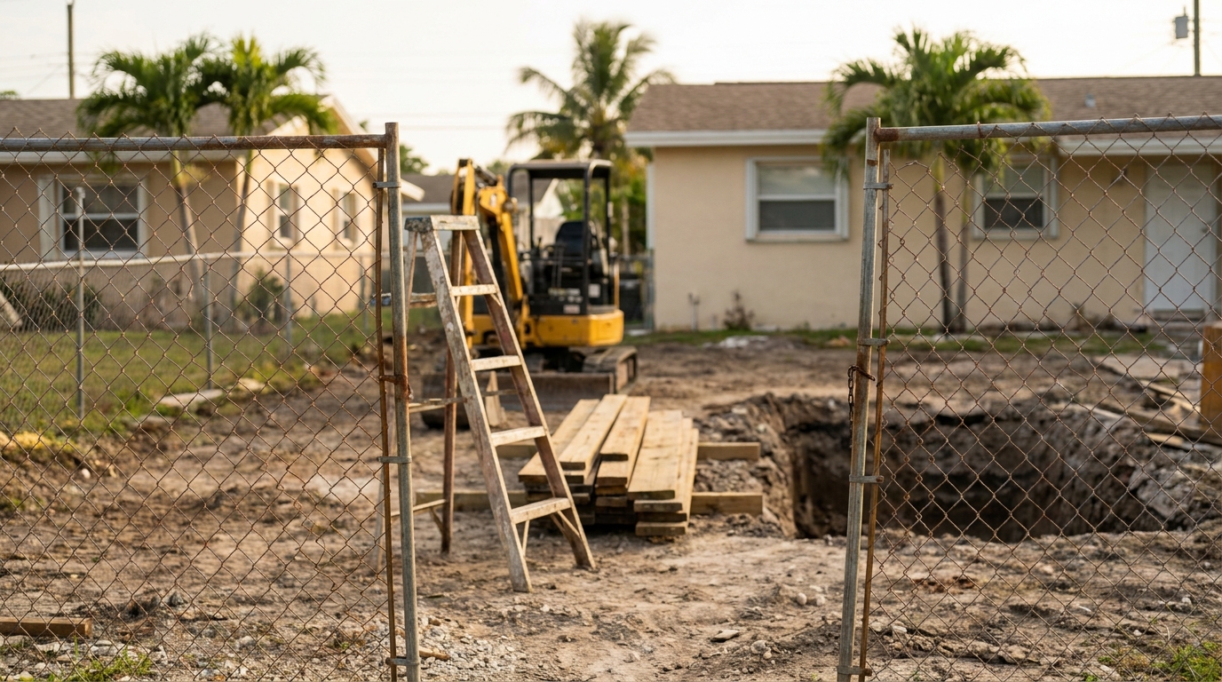 Unsecured Florida construction site with an open fence, ladder, machinery, and excavation posing an attractive nuisance risk