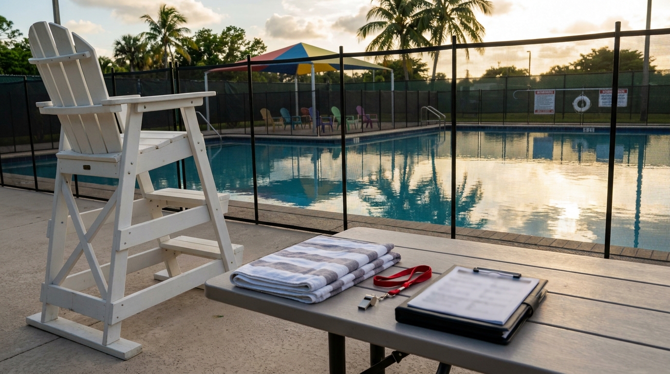 Empty water watcher station at a fenced Florida daycare pool showing supervision failure risk