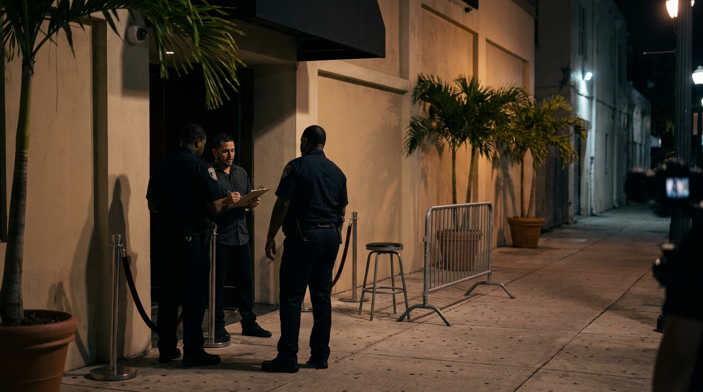 Security staff reviewing an incident outside a Miami nightclub with surveillance cameras and a poorly lit walkway