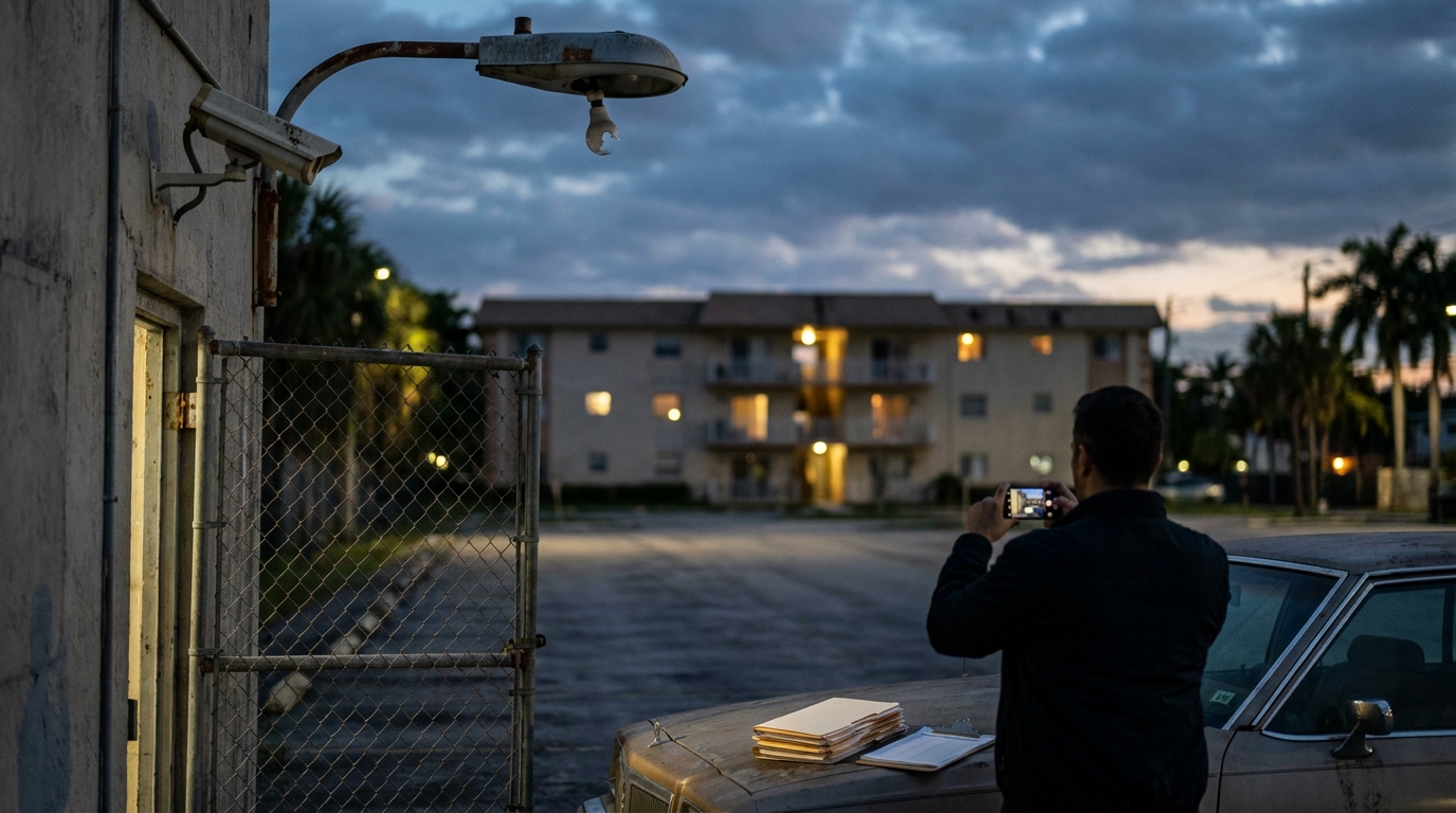 Broken gate, dim parking lot light, and security camera at a Florida apartment complex showing negligent security risk
