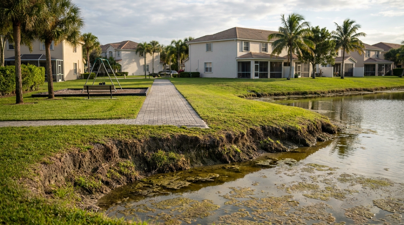 Unfenced retention pond with a steep eroded bank beside homes and a playground in a South Florida community