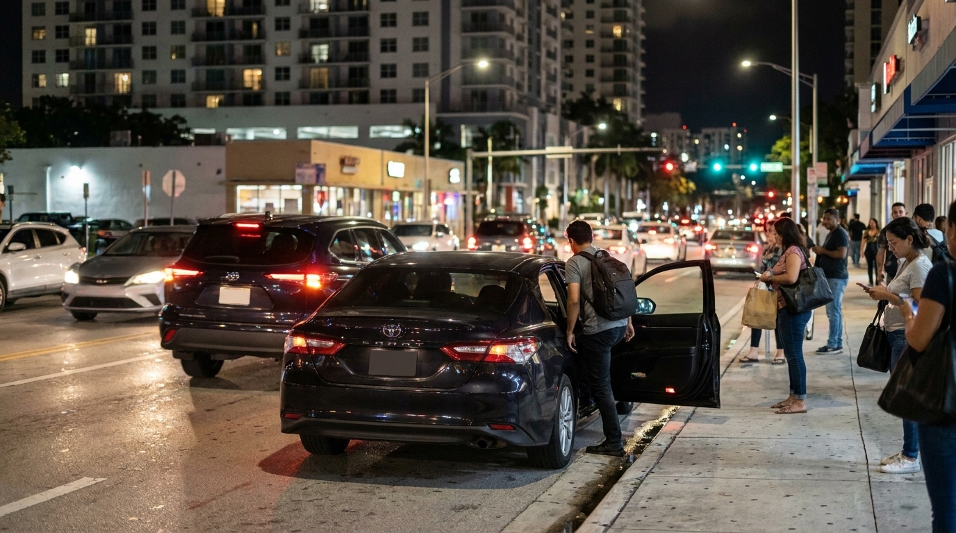 Rideshare passenger getting into a car during a busy late-night Brickell pickup zone