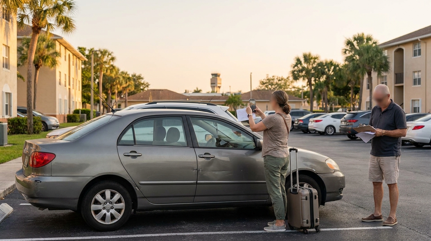 Turo renter documenting vehicle damage and reviewing insurance paperwork after a Miami car accident