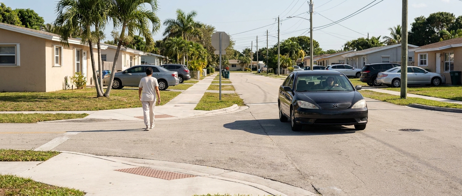 Un conductor que cede el paso a un peatón en un cruce sin señalización en una intersección residencial del sur de Florida