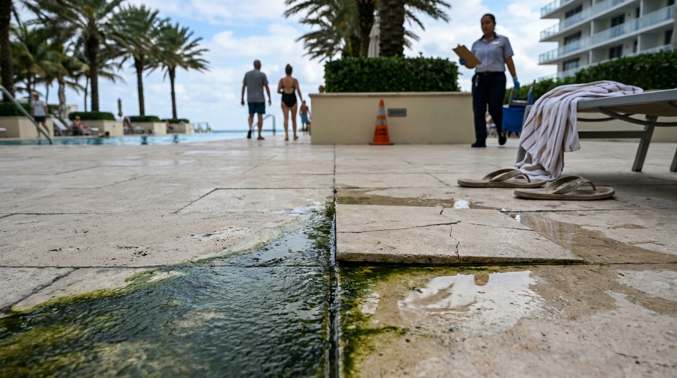 Agua parada, algas y azulejos rotos crean un riesgo de resbalones y caídas en el deck de la piscina de un hotel de Miami Beach